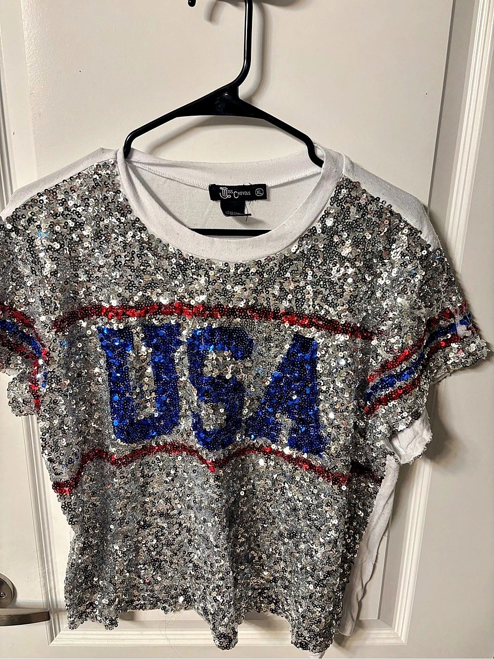 Miss Chievous Sequin Color Block Tee Silver & White XL